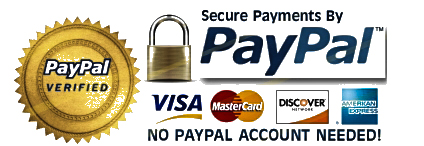 A banner showing a paypal verified seal with a padlock, alongside logos of visa, mastercard, discover, and american express, with text secure payments by paypal and no paypal account needed!