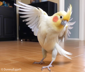 cartoon of Cockatiel doing a dance, wings out, body with a twist
