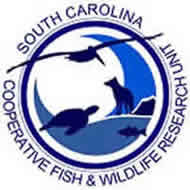 South Carolina Cooperative Fish and Wildlife Research Unit Logo, round with navy blue lettering and silouette of a pelican, sea turtle, fish, and cayote