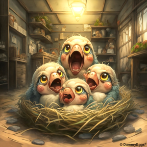 Cartoon illustration of 4 angry hungry chicks with gaping mouths in a birds nest inside a room