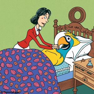 A women tucks a blue and gold macaw under a purple blanket in a human bed, cartoon