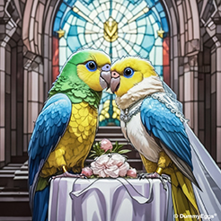 This image features two cartoon-style parakeets in a romantic setting that invokes the theme of a wedding, the one on the left green, and right blue and white, large expressive eyes