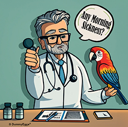 Cartoon of gray headed vet holding a Macaw and a stethoscope in office, asking Any Moring Sickness